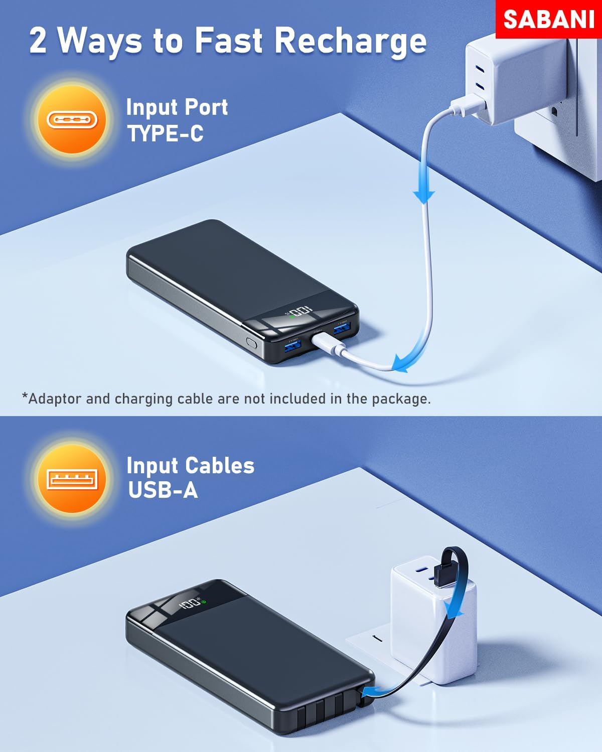 SABANI Portable Charger 35000mAh Power Bank - Portable Battery with 4 Built in Cables, 22.5W Fast Charging Battery Pack Compatible with iPhone 16 15 14 13 Samsung Android Phone etc (1 Pack, Black)