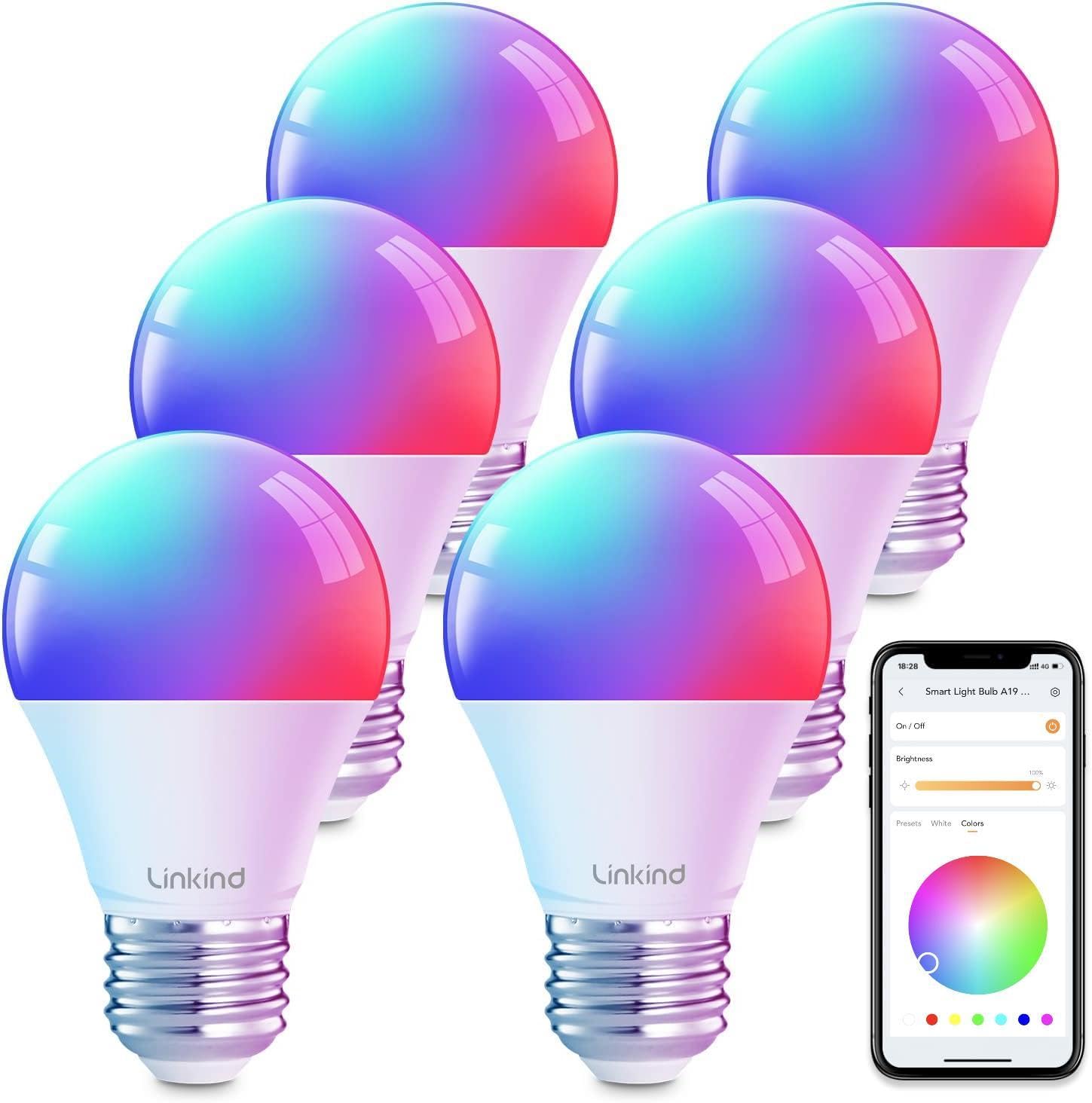 Linkind Smart Light Bulbs, Smart Bulb That Work with Alexa & Google Home, LED Light Bulbs Color Changing, 104 Preset Scene, Music Sync, A19 E26 2.4GHz RGBTW WiFi Bluetooth Light Bulb 60W, 800LM, 4Pack