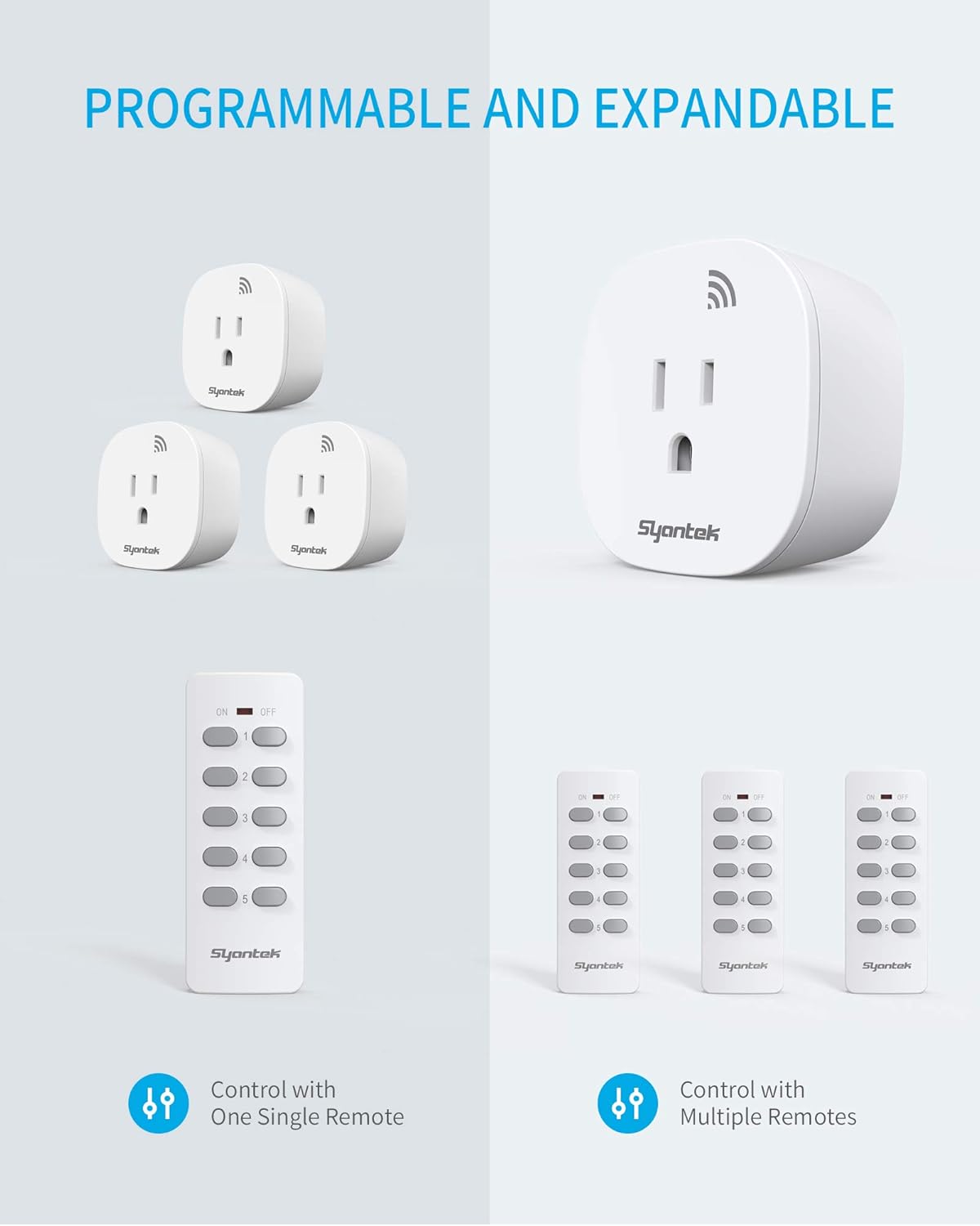 Remote Control Outlet Wireless Light Switch for Household Appliances, Expandable Remote Light Switch Kit, Up to 100 ft Range, FCC Certified, ETL Listed, White (5 Outlets + 2 Remotes)