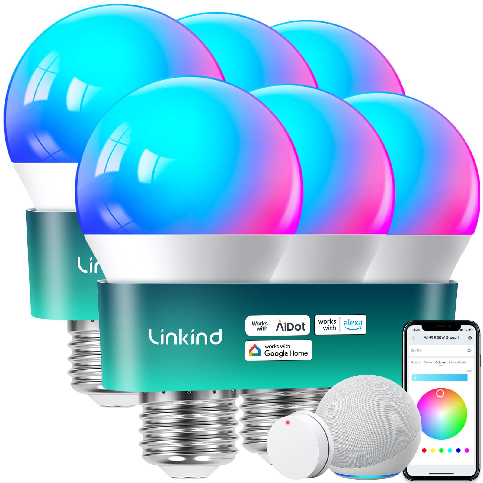 Linkind Smart Light Bulbs, Smart Bulb That Work with Alexa & Google Home, LED Light Bulbs Color Changing, 104 Preset Scene, Music Sync, A19 E26 2.4GHz RGBTW WiFi Bluetooth Light Bulb 60W, 800LM, 4Pack