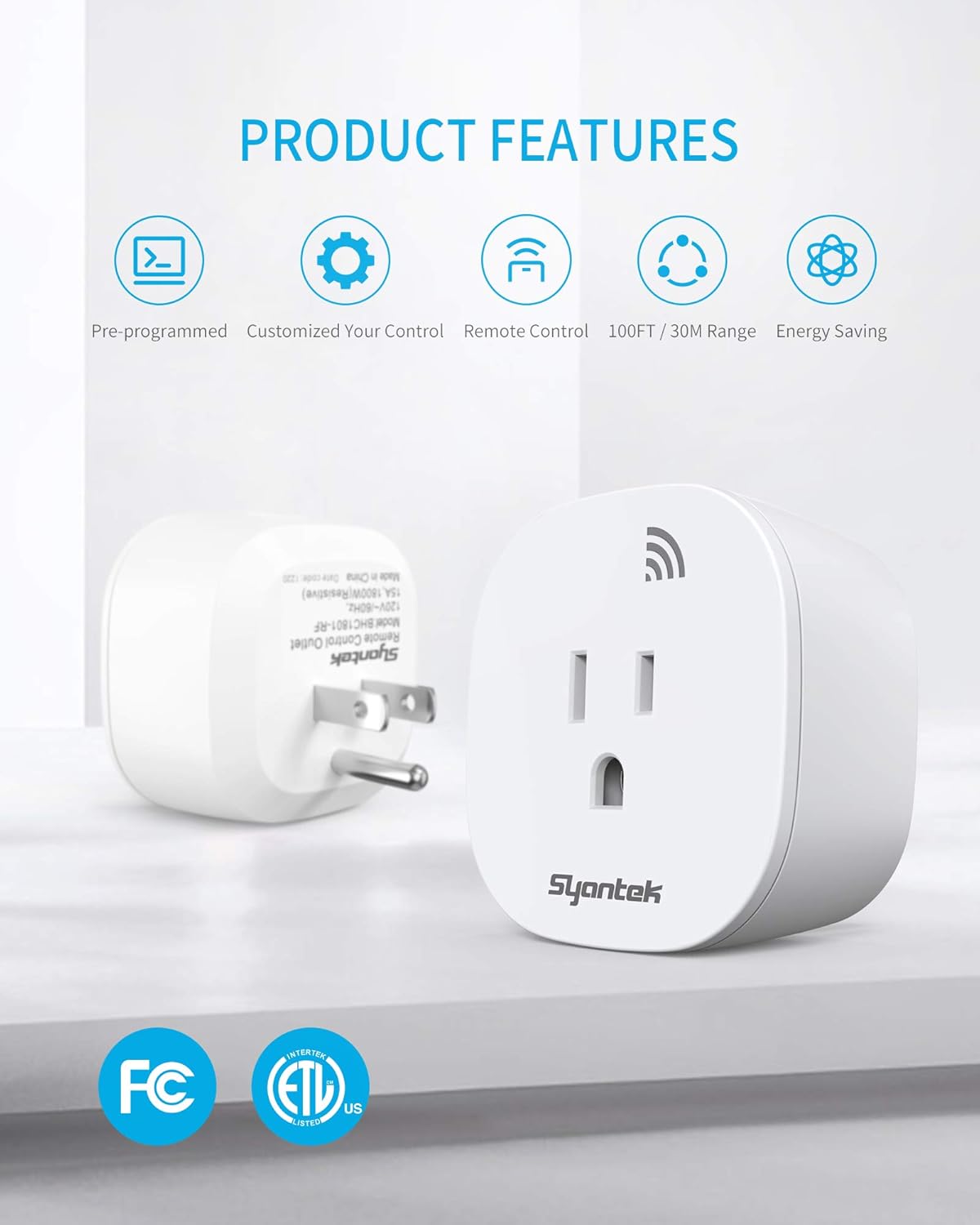 Remote Control Outlet Wireless Light Switch for Household Appliances, Expandable Remote Light Switch Kit, Up to 100 ft Range, FCC Certified, ETL Listed, White (5 Outlets + 2 Remotes)