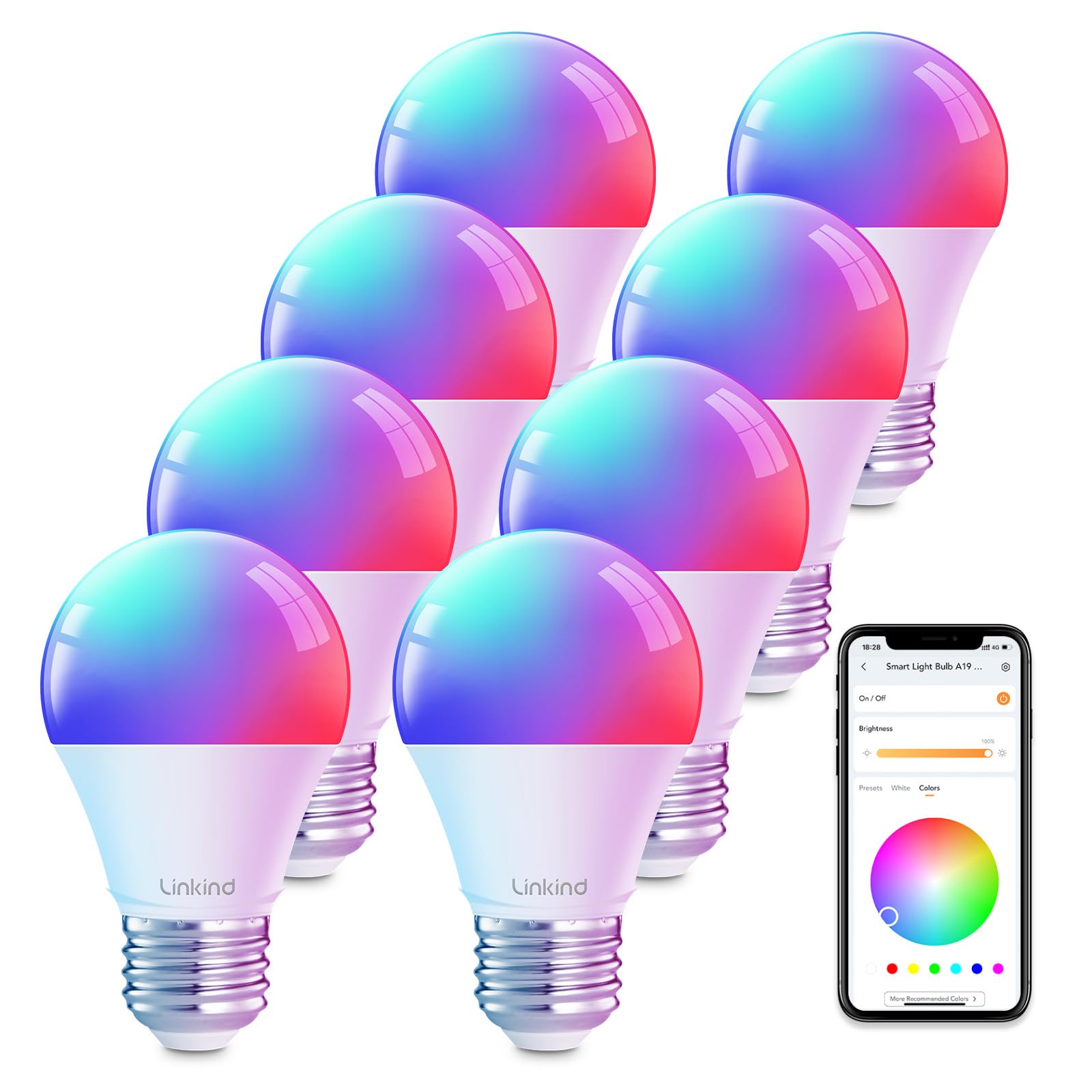 Linkind Smart Light Bulbs, Smart Bulb That Work with Alexa & Google Home, LED Light Bulbs Color Changing, 104 Preset Scene, Music Sync, A19 E26 2.4GHz RGBTW WiFi Bluetooth Light Bulb 60W, 800LM, 4Pack