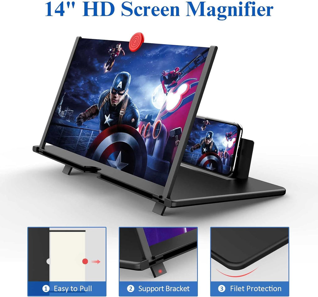 14" Screen Magnifier,3D HD Mobile Phone Magnifier Projector Screen Enlarger for Movies, Videos, and Gaming,Foldable Cell Phone Stand with Screen Amplifier,Supports All Smartphones (Black, 14inch)