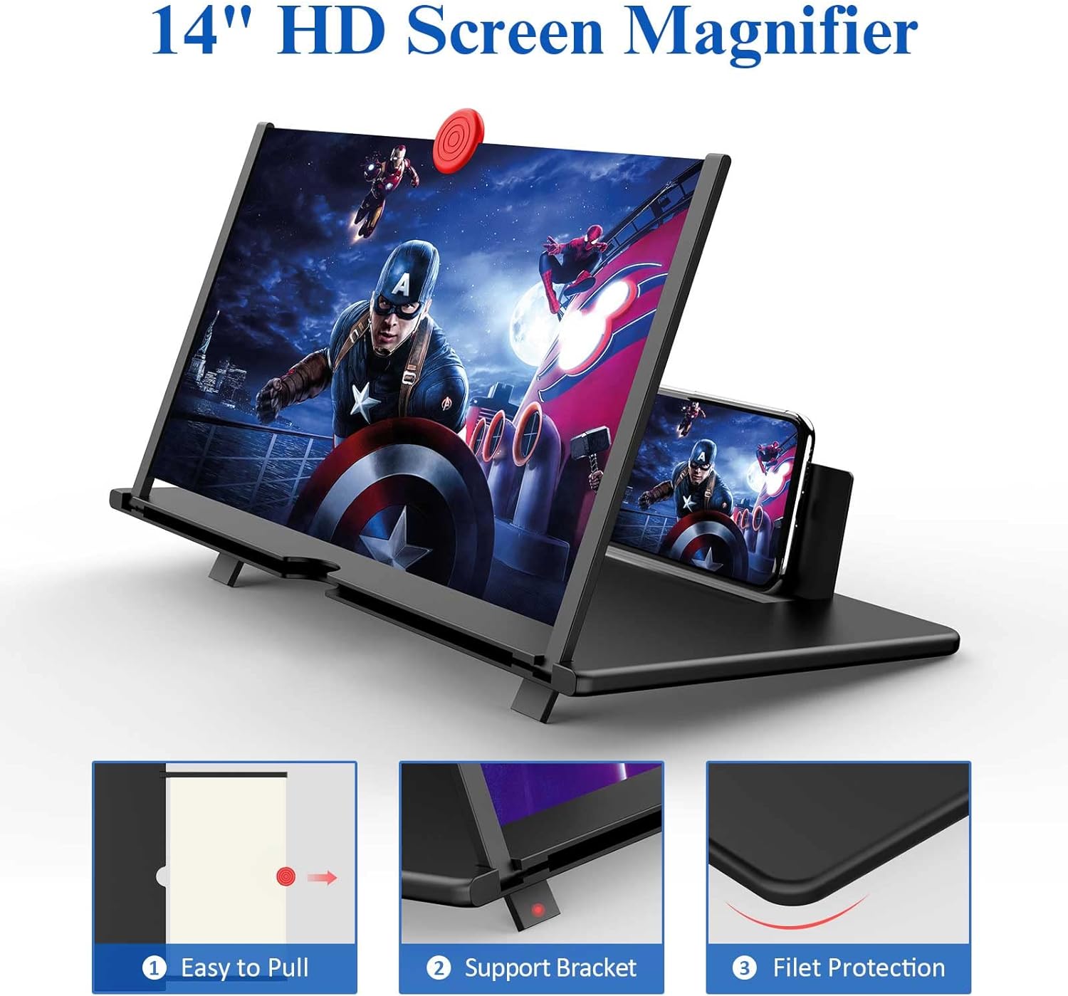 14" Screen Magnifier,3D HD Mobile Phone Magnifier Projector Screen Enlarger for Movies, Videos, and Gaming,Foldable Cell Phone Stand with Screen Amplifier,Supports All Smartphones (Black, 14inch)