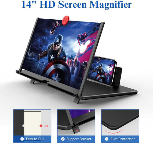 14" Screen Magnifier,3D HD Mobile Phone Magnifier Projector Screen Enlarger for Movies, Videos, and Gaming,Foldable Cell Phone Stand with Screen Amplifier,Supports All Smartphones (Black, 14inch)