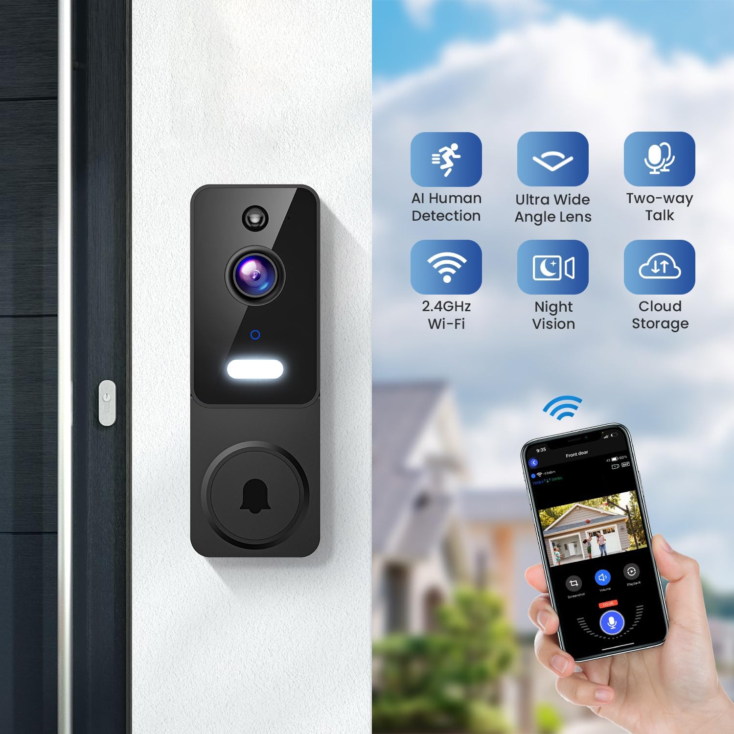 Video Doorbell Camera Wireless with Doorbell Receiver, Battery Powered, AI Human Detection, 2-Way Talk, 2.4G WiFi Only, Cloud Storage, Night Vision (Black)