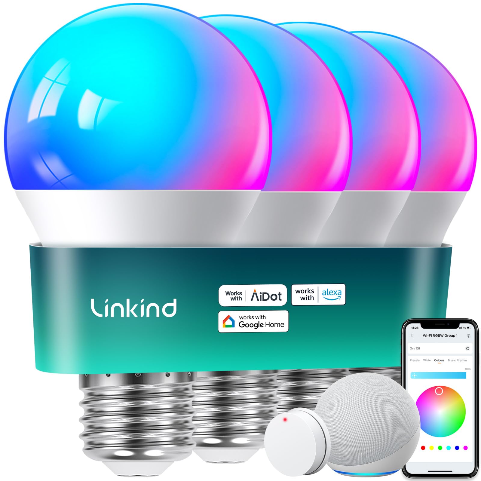 Linkind Smart Light Bulbs, Smart Bulb That Work with Alexa & Google Home, LED Light Bulbs Color Changing, 104 Preset Scene, Music Sync, A19 E26 2.4GHz RGBTW WiFi Bluetooth Light Bulb 60W, 800LM, 4Pack